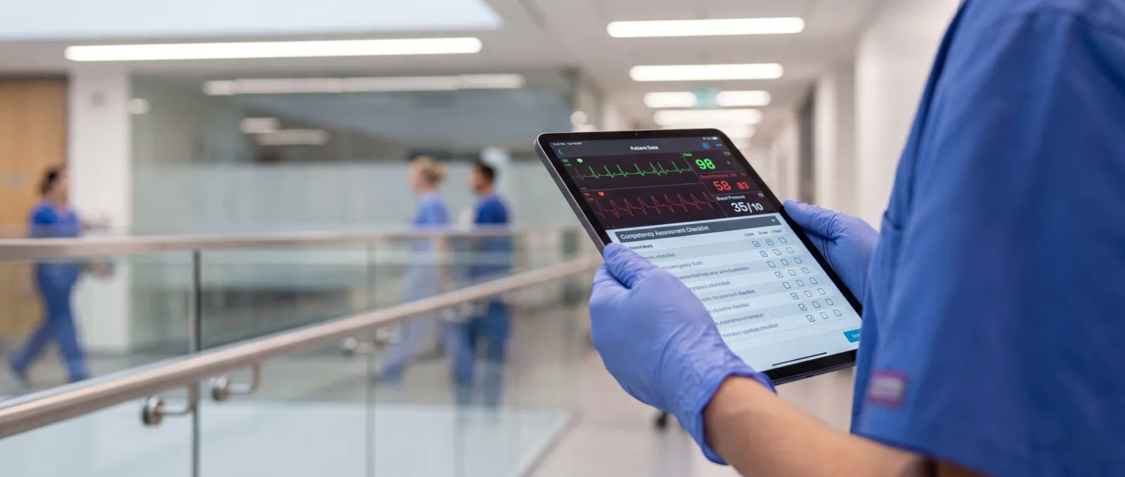 Healthcare professional using a competency assessment tablet in a modern hospital corridor